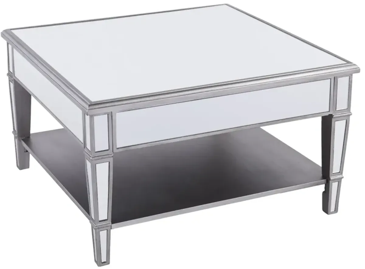Hivvago 29 Inch  Silver Mirrored Square Coffee Table With Shelf