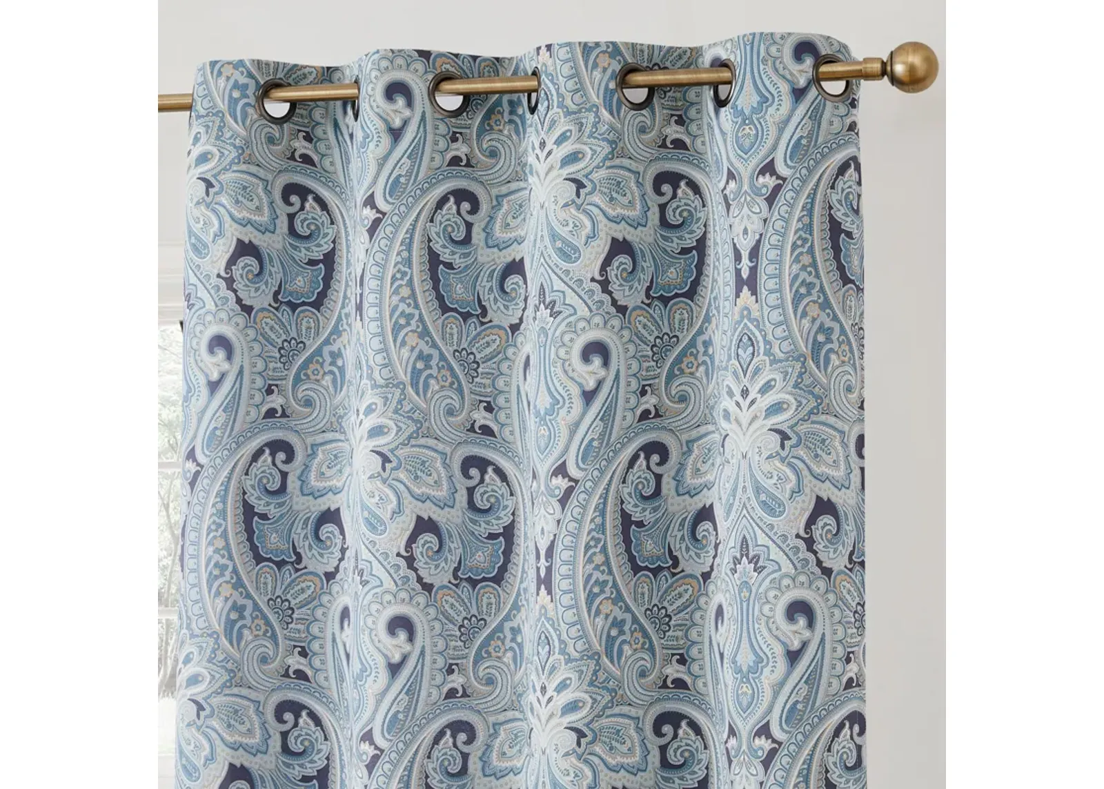 THD France Paisley Print Damask Thermal Insulated Energy Efficient Room Darkening Grommet Top Window Curtain Panels - Pair