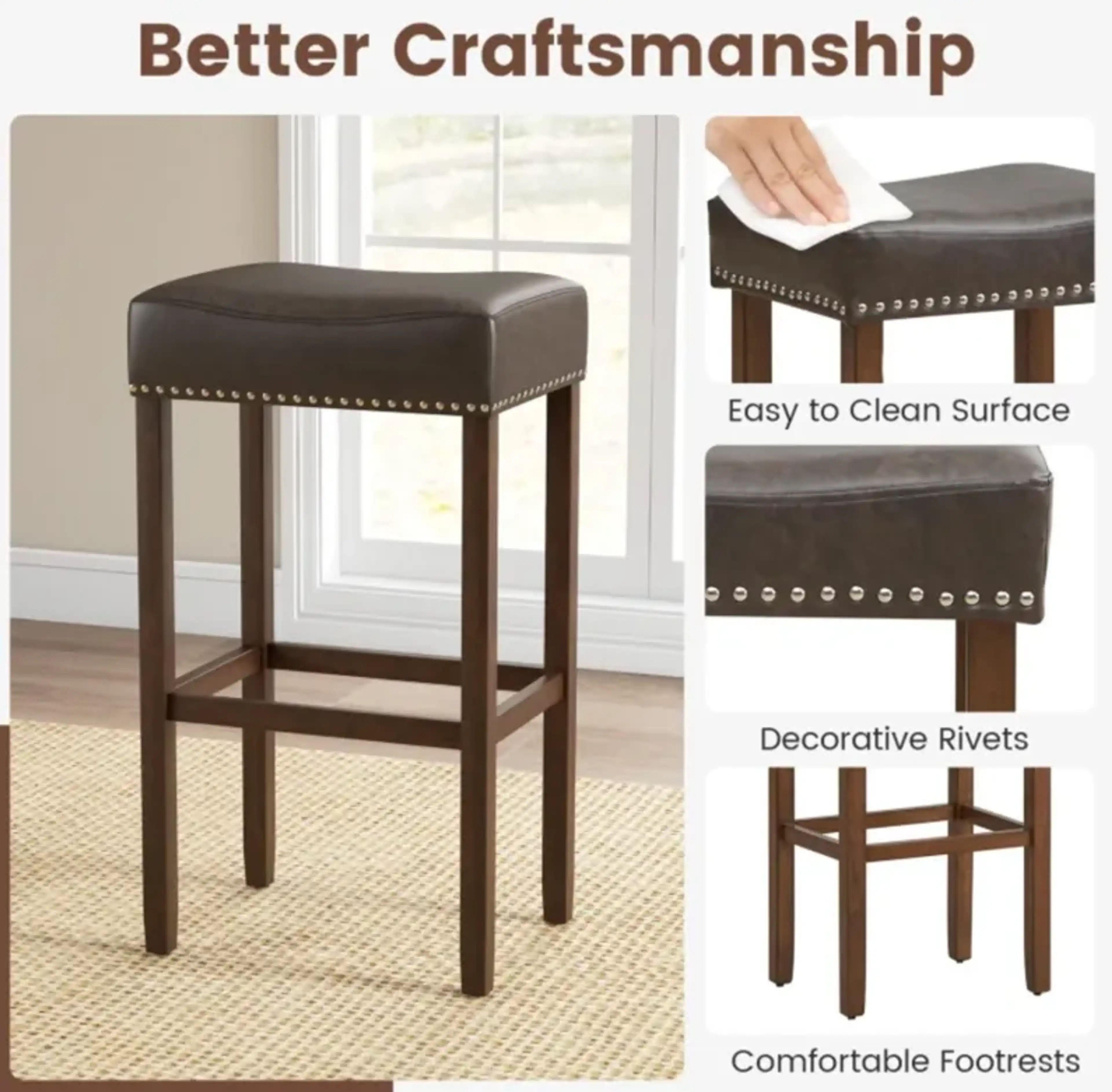 Hivvago Upholstered Bar Stools Set Of 2 With Footrests For Counter ...