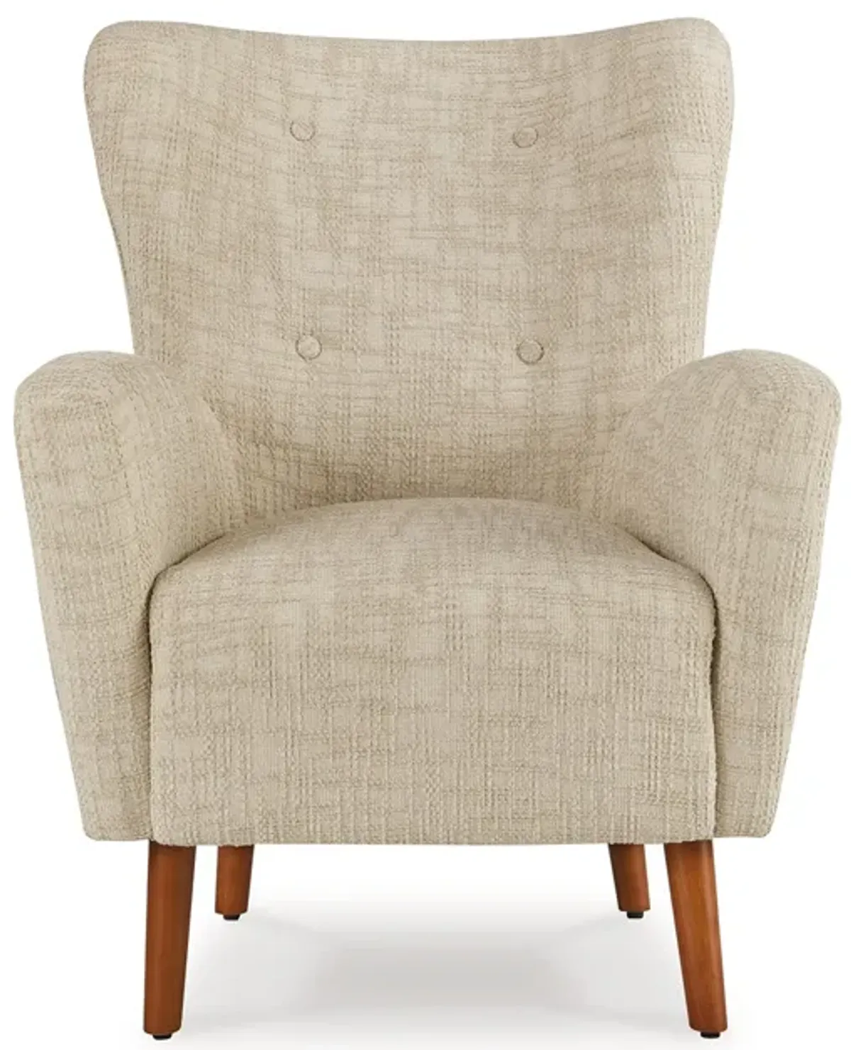 Sonie Accent Chair, Beige Polyester, Soft Cushions, Tapered Brown Wood Legs -