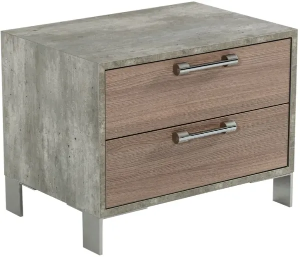 Noe Billy 26 Inch Nightstand, 2 Drawers, Gray Faux Concrete, Oak Laminate  - Benzara