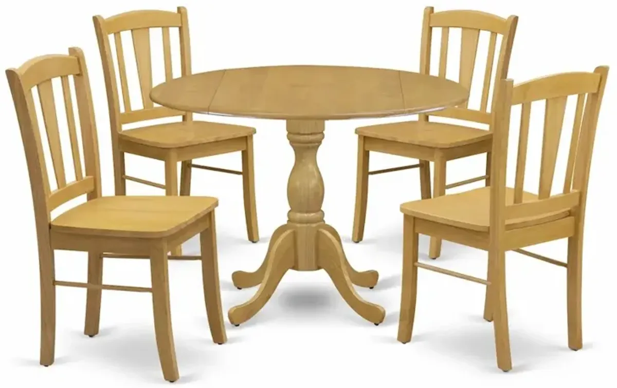 East West Furniture 5-Piece Dining Room Table Set- 4 Dining Chair with Wooden Seat and Slatted Chair Back - Dropleafs Dining Table - Oak Finish