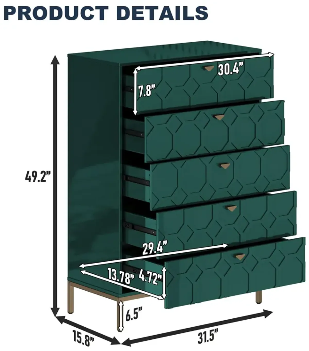 49.2 in. H Freestanding Storage Cabinet Green 5 Drawer Accent Cabinet