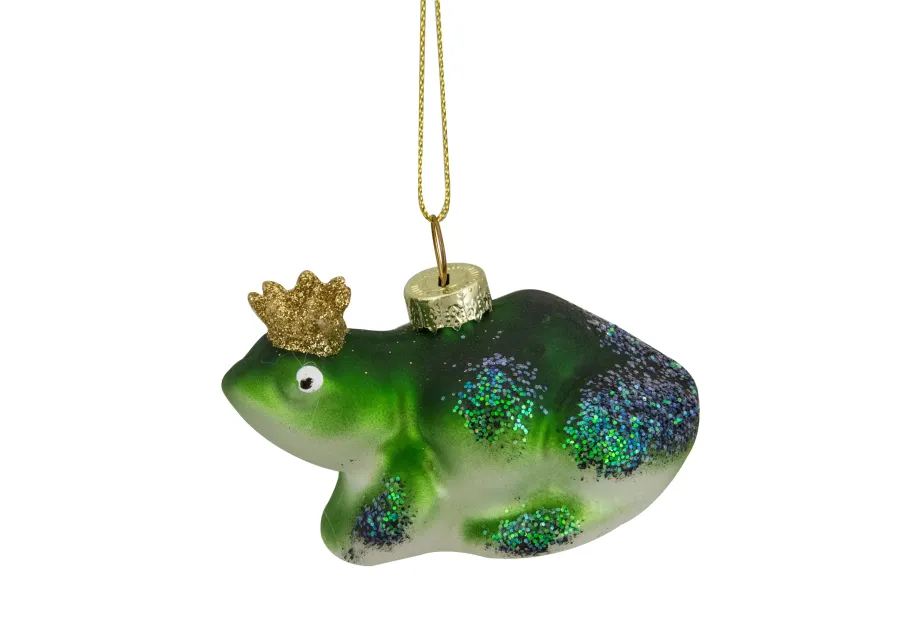 3" Green and White Prince Frog in a Gold Crown Glass Christmas Ornament