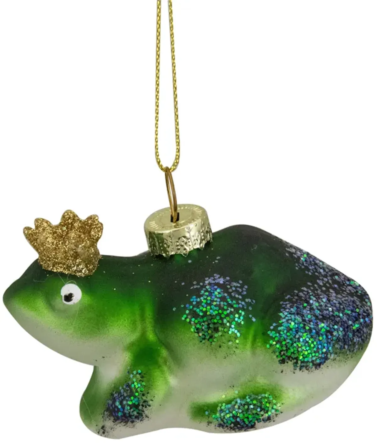 3" Green and White Prince Frog in a Gold Crown Glass Christmas Ornament