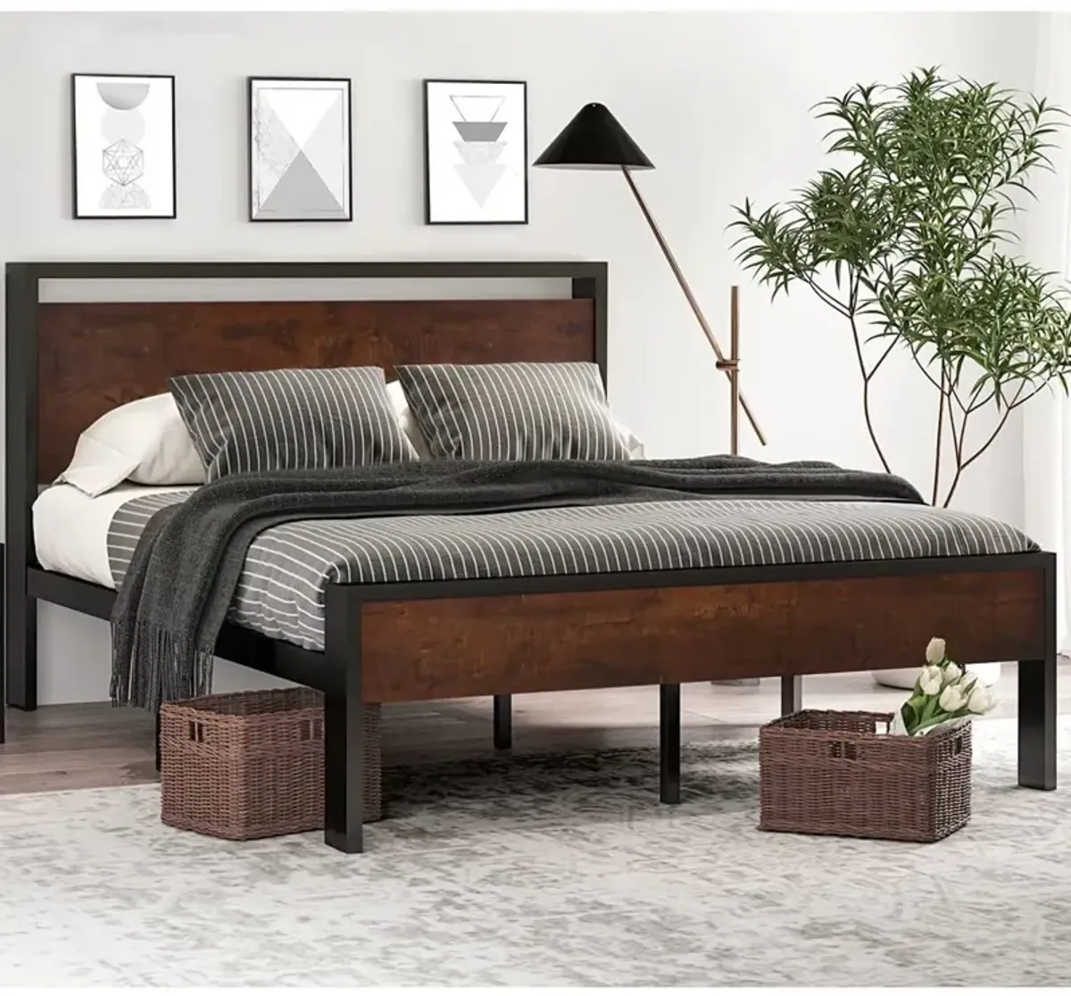 Platform Bed Frame with Metal Structure Mahogany Wood Panel Headboard and Footboard Combo