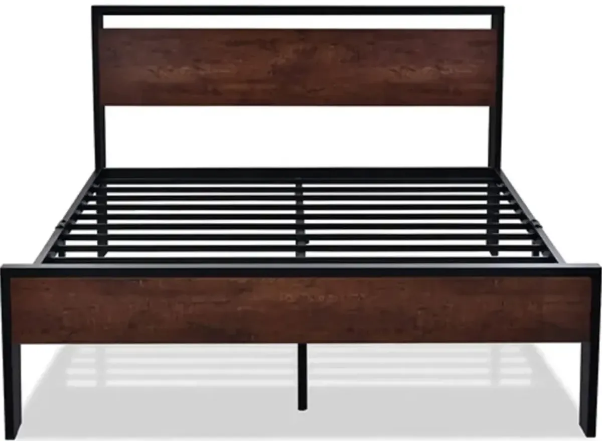 Platform Bed Frame with Metal Structure Mahogany Wood Panel Headboard and Footboard Combo