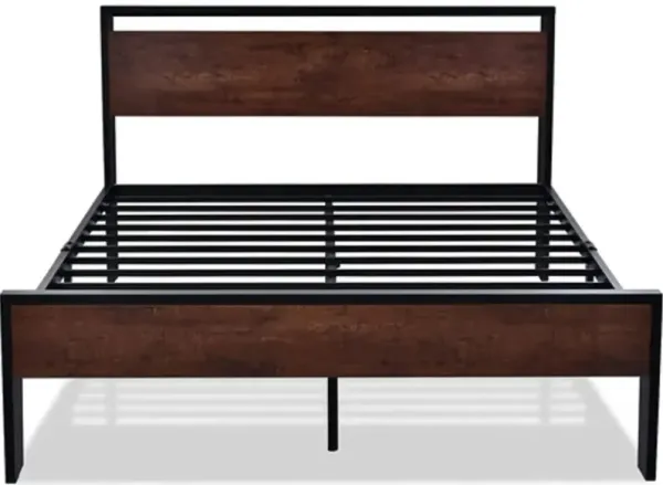 Platform Bed Frame with Metal Structure Mahogany Wood Panel Headboard and Footboard Combo
