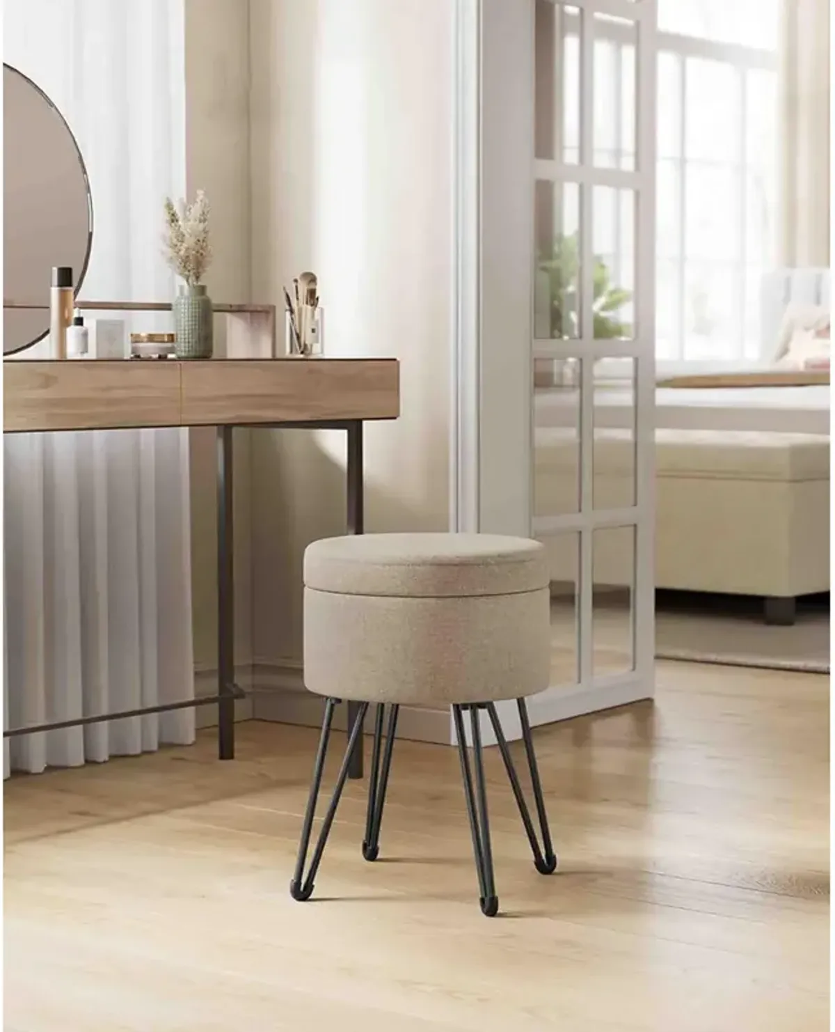 Compact Vanity Stool with Hidden Storage for Bedroom or Bathroom