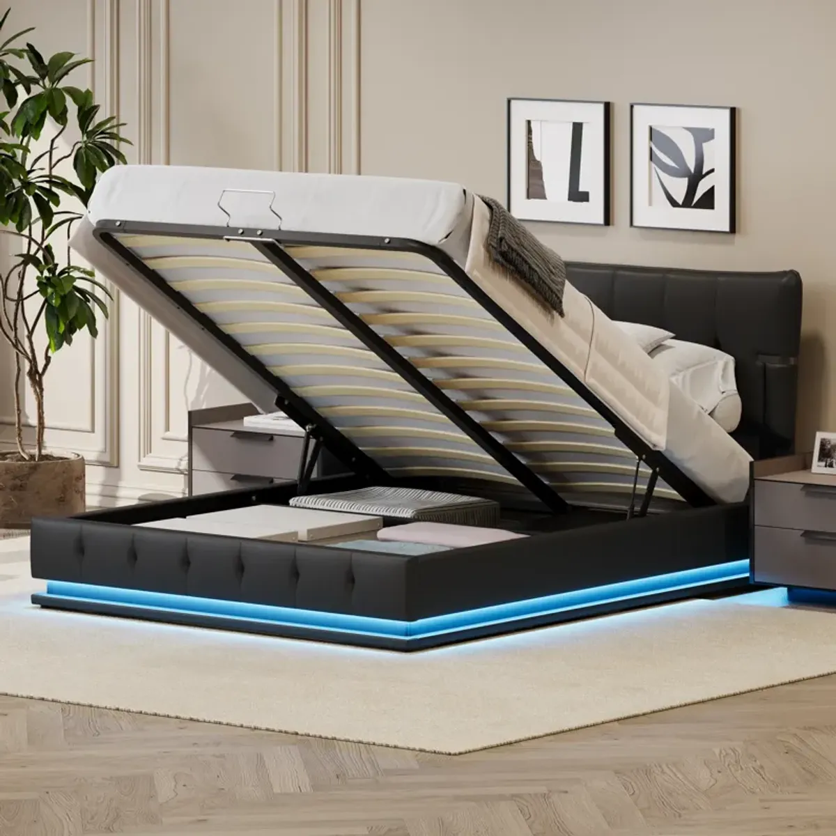 Merax Hydraulic Storage PU Platform Bed