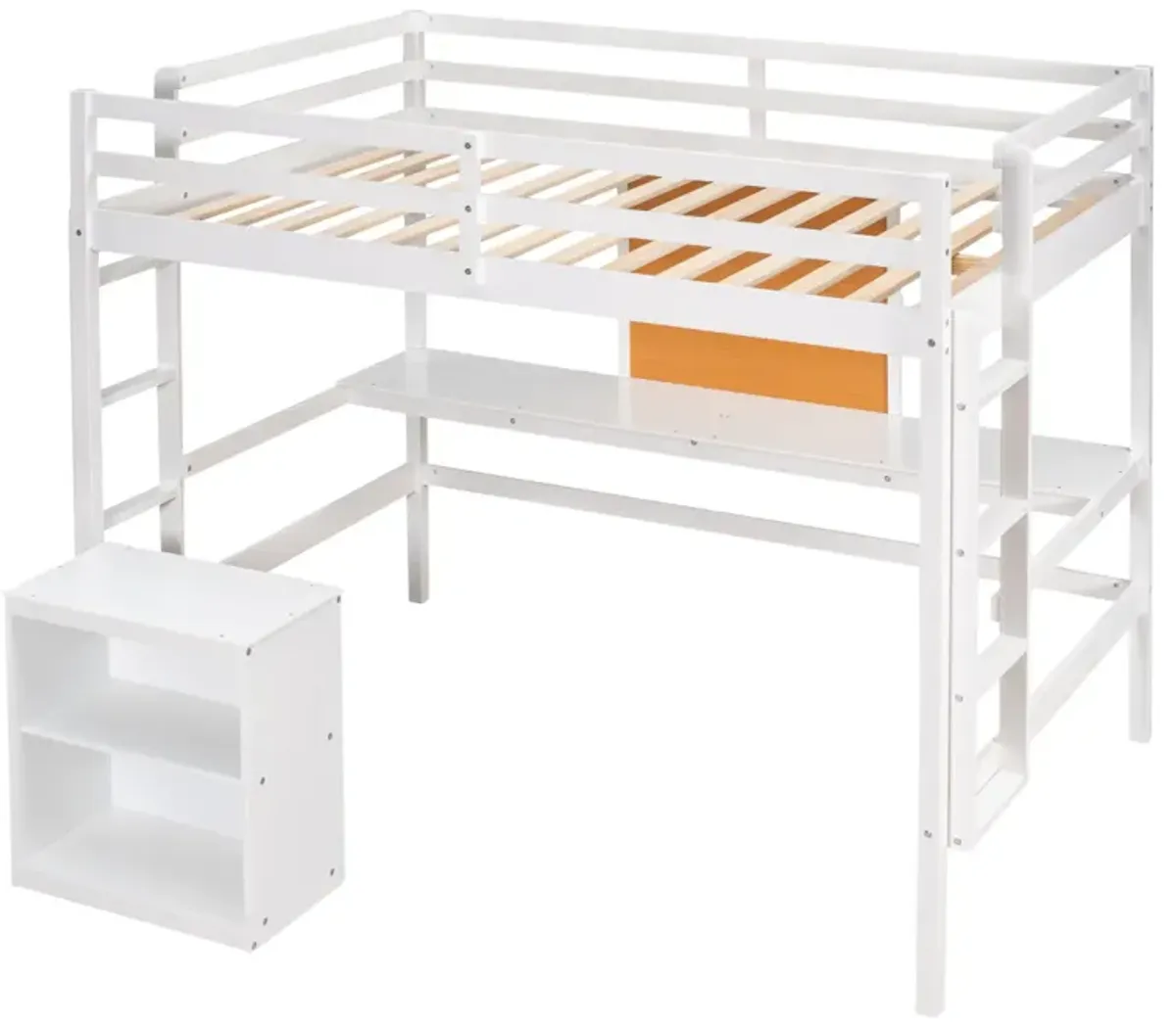 Twin Size Loft Bed With Desk And Writing Board, Wooden Loft Bed With Desk & 2 Drawers Cabinet