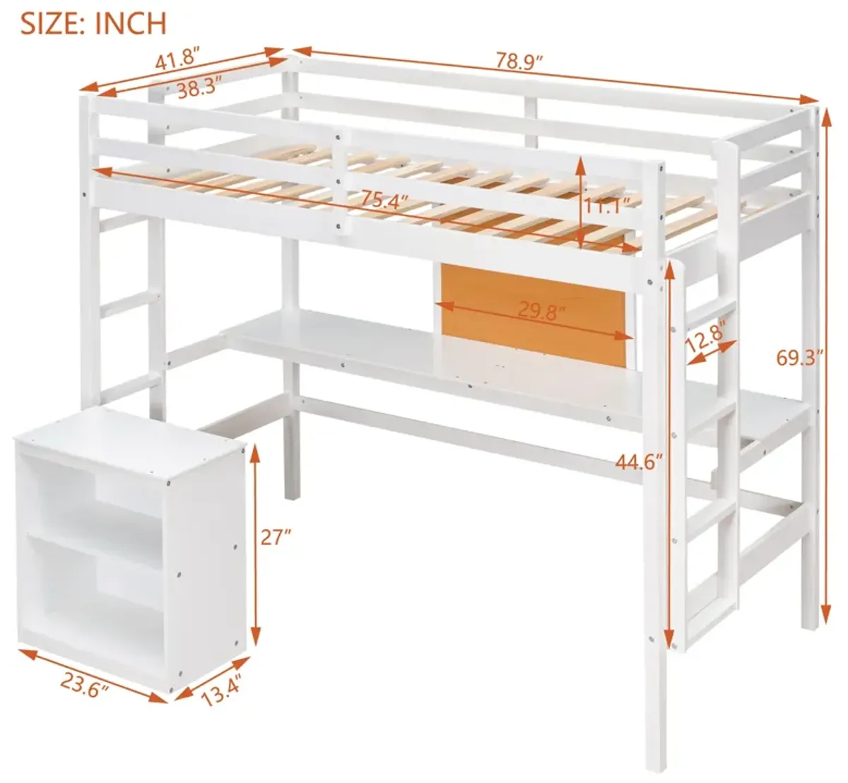 Twin Size Loft Bed With Desk And Writing Board, Wooden Loft Bed With Desk & 2 Drawers Cabinet