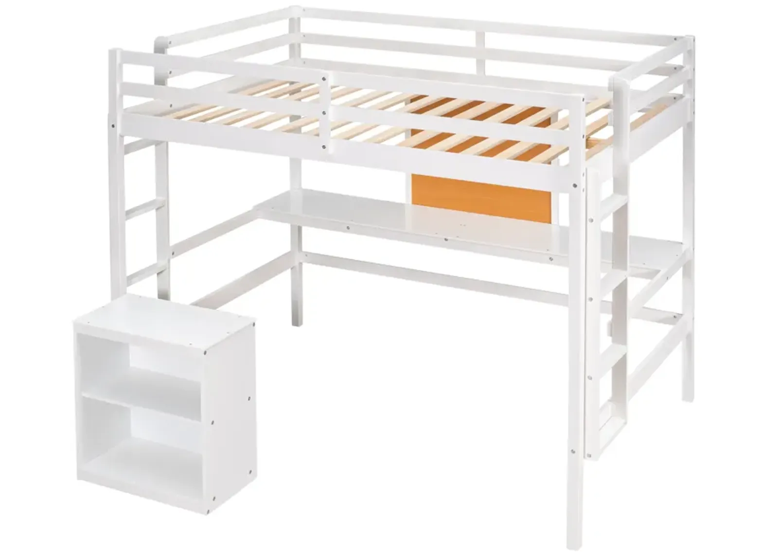 Twin Size Loft Bed With Desk And Writing Board, Wooden Loft Bed With Desk & 2 Drawers Cabinet