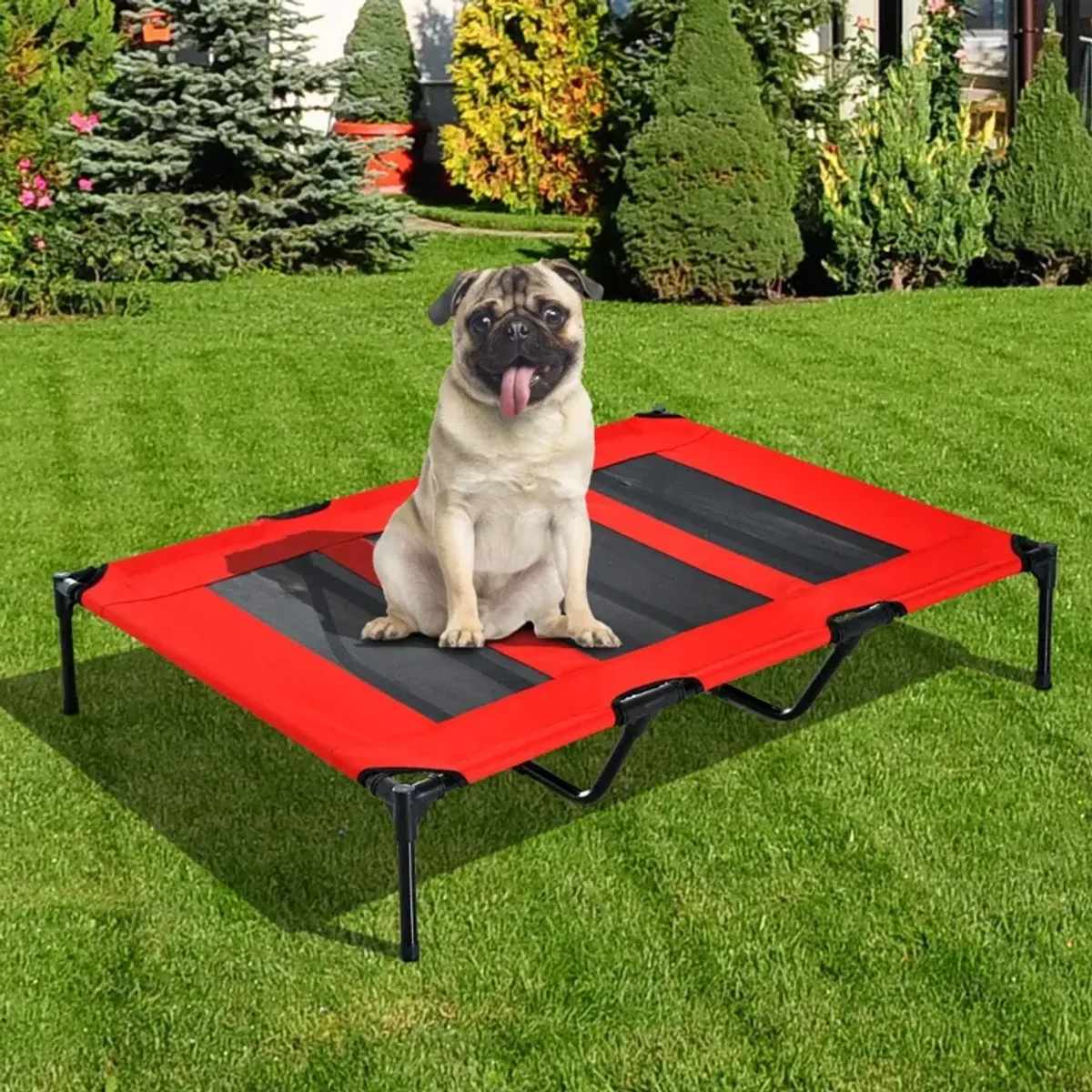 Sturdy Pet Lounger: 48"x46" Red Folding Elevated Dog Cot