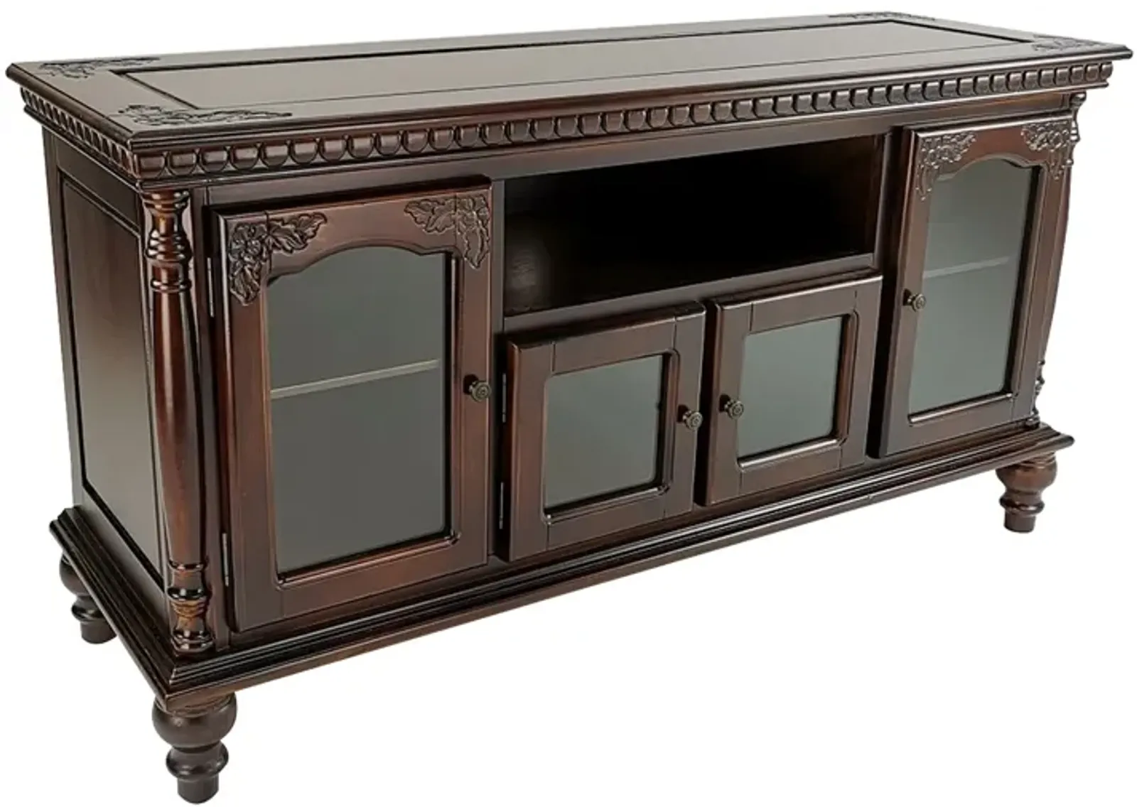 TV Stand with 4 Glass Doors and Turnip Feet, Brown-Benzara