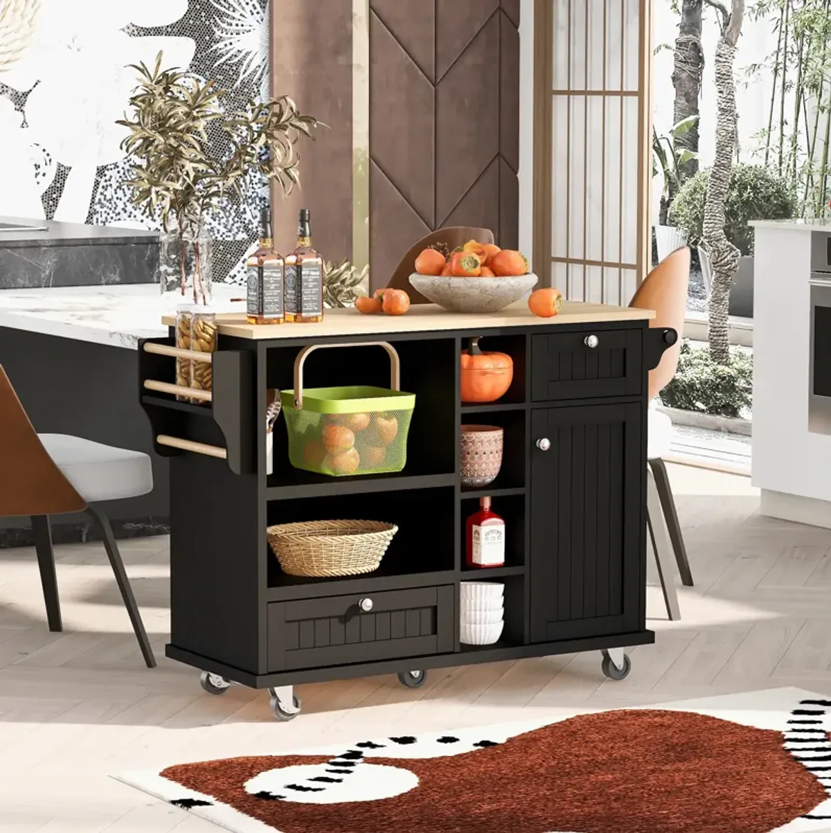 Merax Kitchen Island Cart with Storage Cabinet and Two Locking Wheels,Solid wood desktop