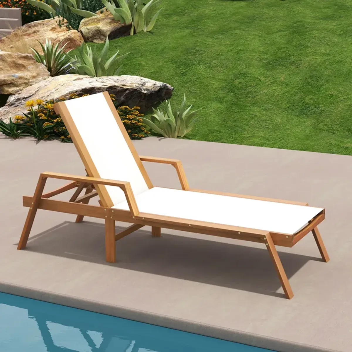 Patio Chaise Lounge Chair with Armrests and Fabric Seat for Backyard-White