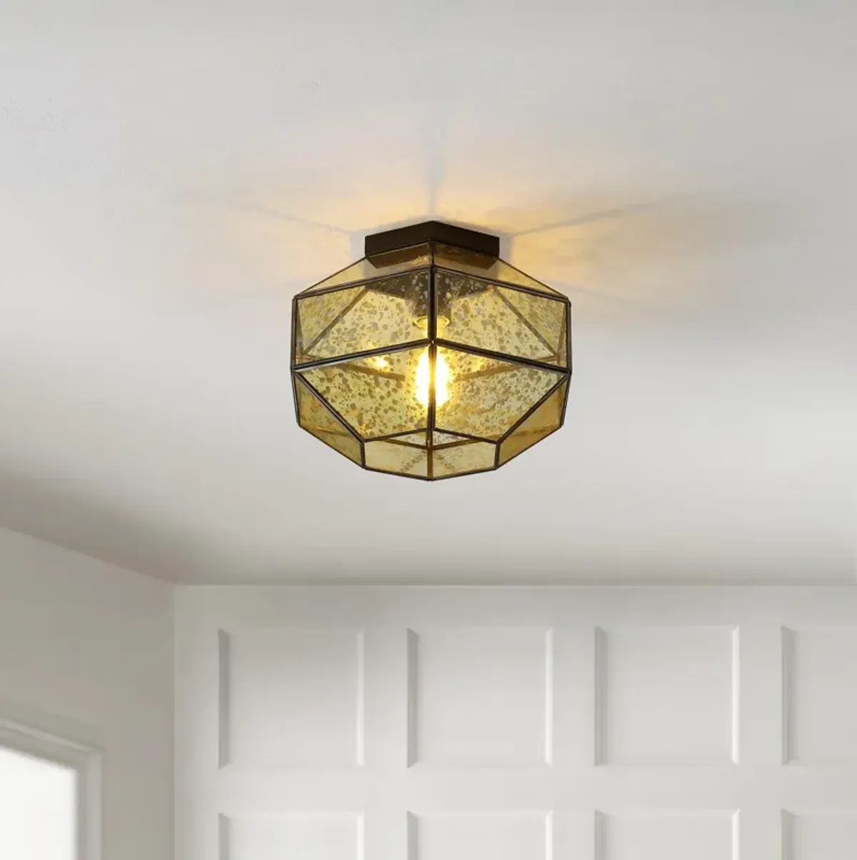 Evelyn 1-Light Vintage Farmhouse Iron/Glass LED Flush Mount