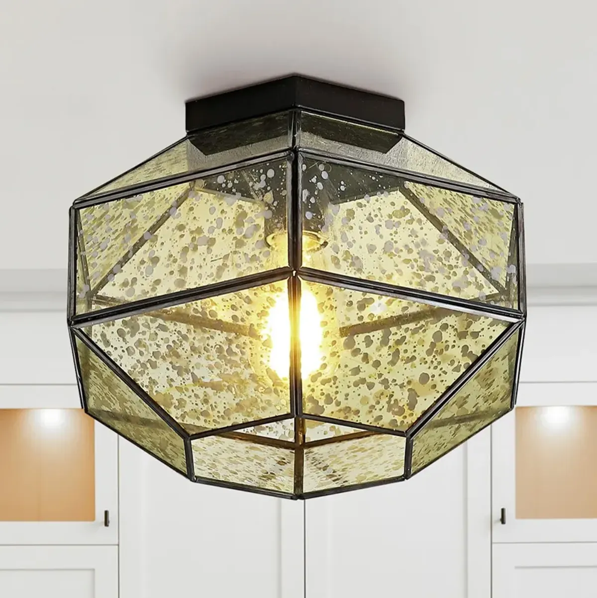 Evelyn 1-Light Vintage Farmhouse Iron/Glass LED Flush Mount