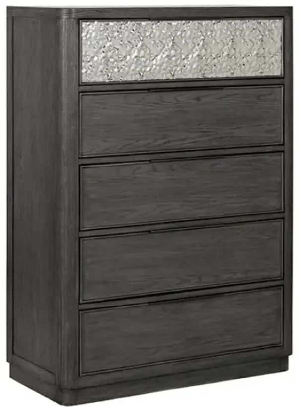 Zoko Tall Dresser Chest, 5 Drawers, Textured Metal Accents, Ash Gray - Benzara