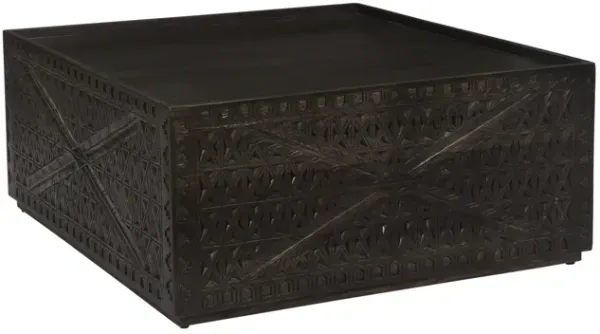 38 Inch Handcrafted Mango Wood Square Coffee Table, Artisanal Carved Mesh Base, Black-Benzara