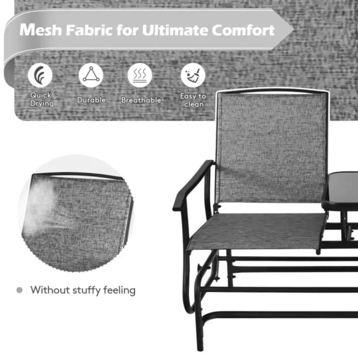 Hivvago 2-Person Double Rocking Loveseat with Mesh Fabric and Center Tempered Glass Table