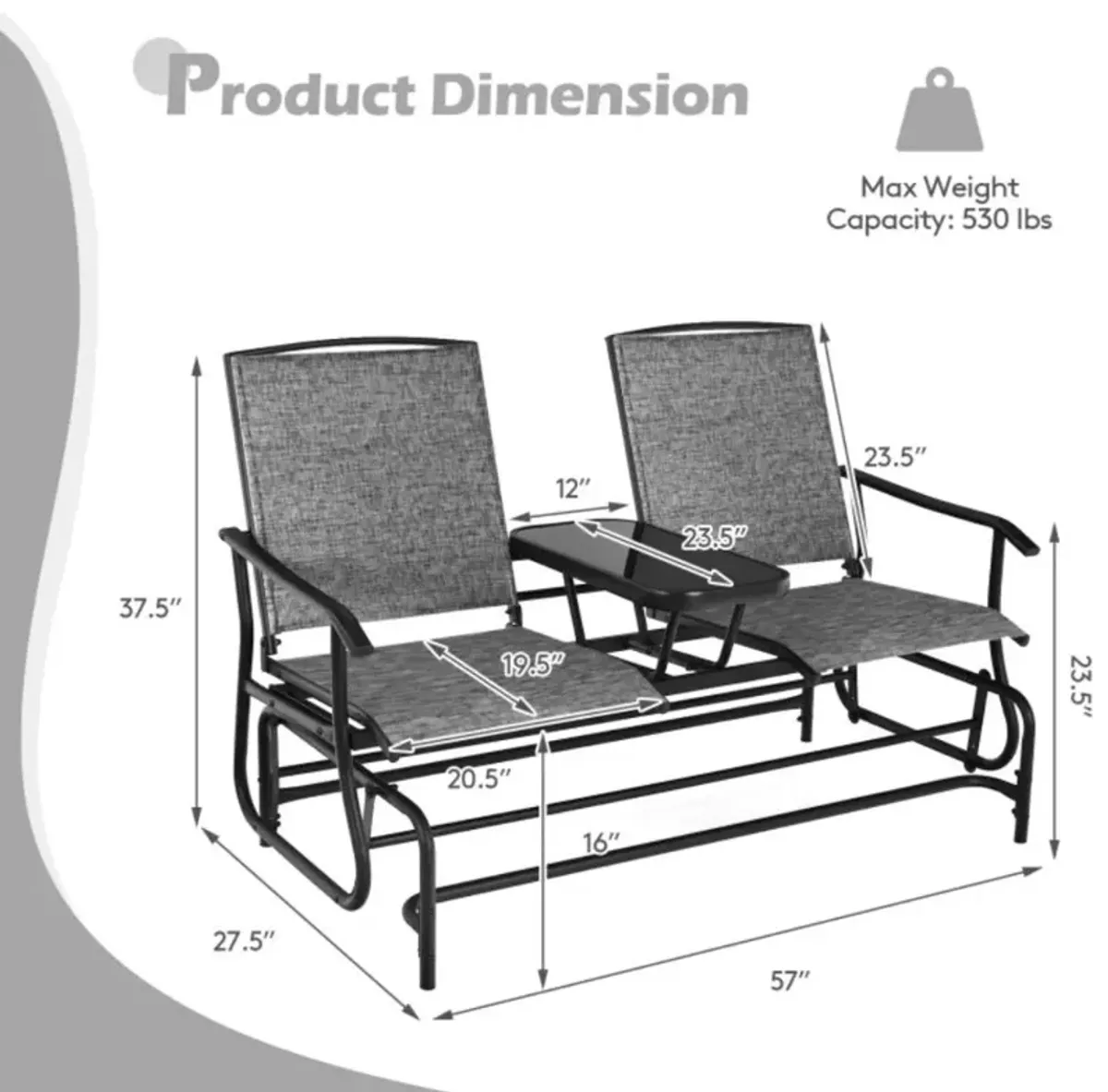 Hivvago 2-Person Double Rocking Loveseat with Mesh Fabric and Center Tempered Glass Table