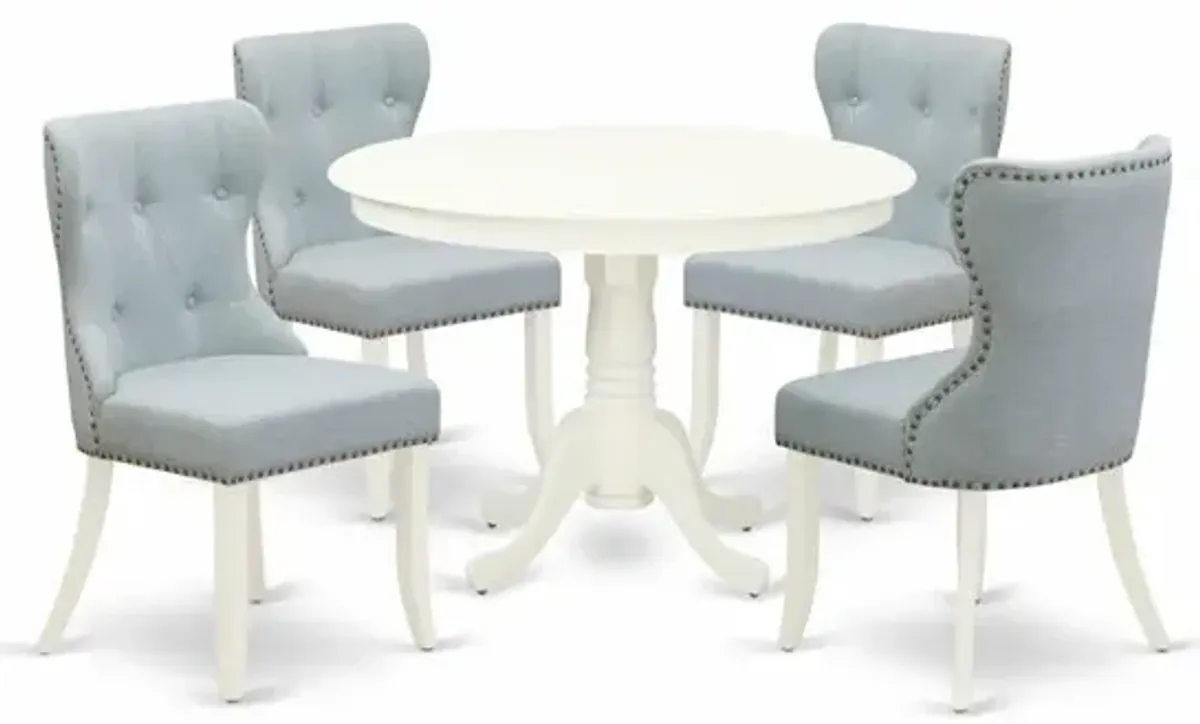 East-West Furniture HLSI5-LWH-15 - A dining set of 4 amazing kitchen dining chairs with Linen Fabric Baby Blue color and a beautiful 42-Inch Round dining table with Linen White color