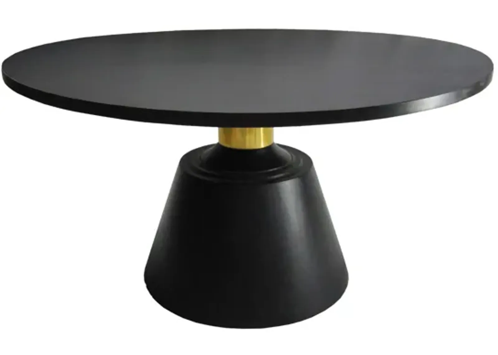 Fawn 32 Inch Coffee Table, Black Mango Wood Round Top, Modern Tapered Pedestal Base, Shiny Brass Support - Benzara