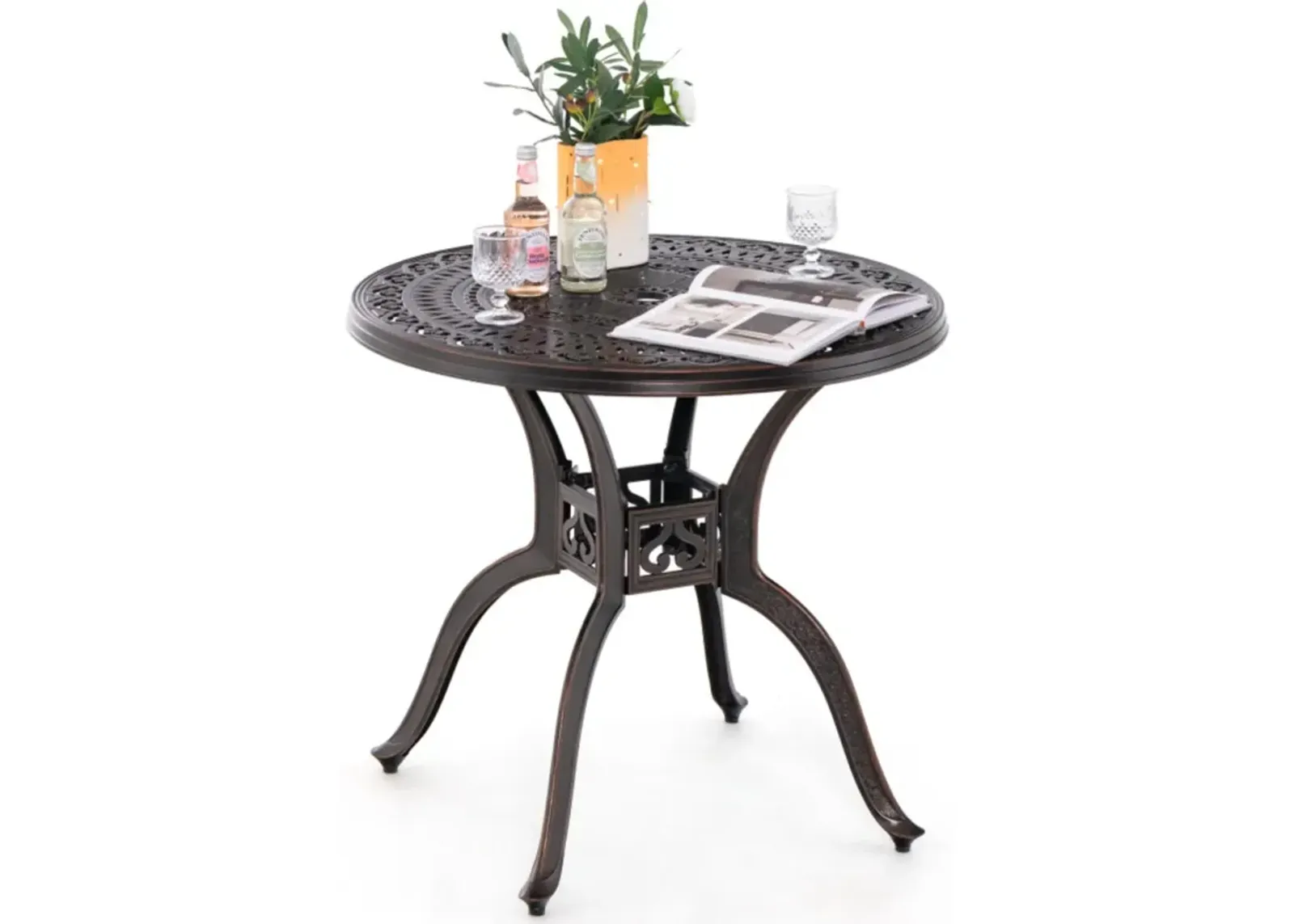 Hivvago 31.5" Cast Aluminum Table Patio Round Dining Table with Umbrella Hole