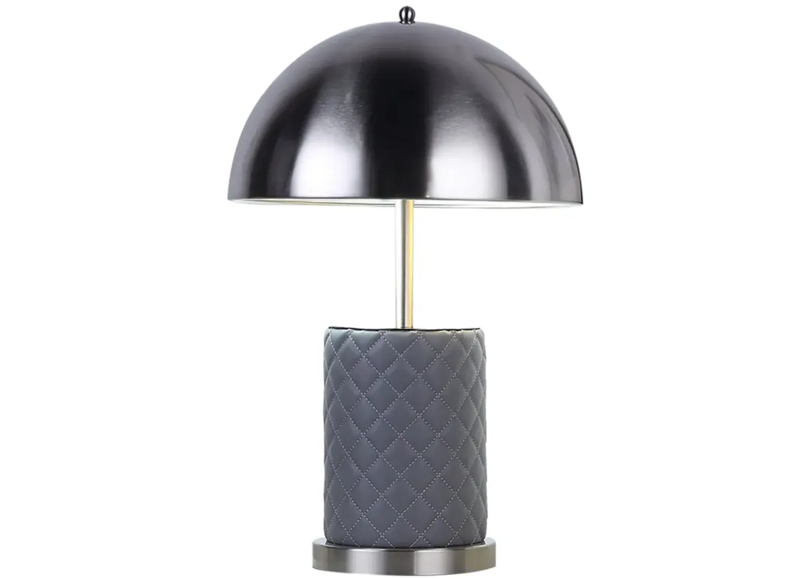 Aria 21 Inch Table Lamp, Dome Shade, Round, Gray Faux Leather, Dark Silver-Benzara