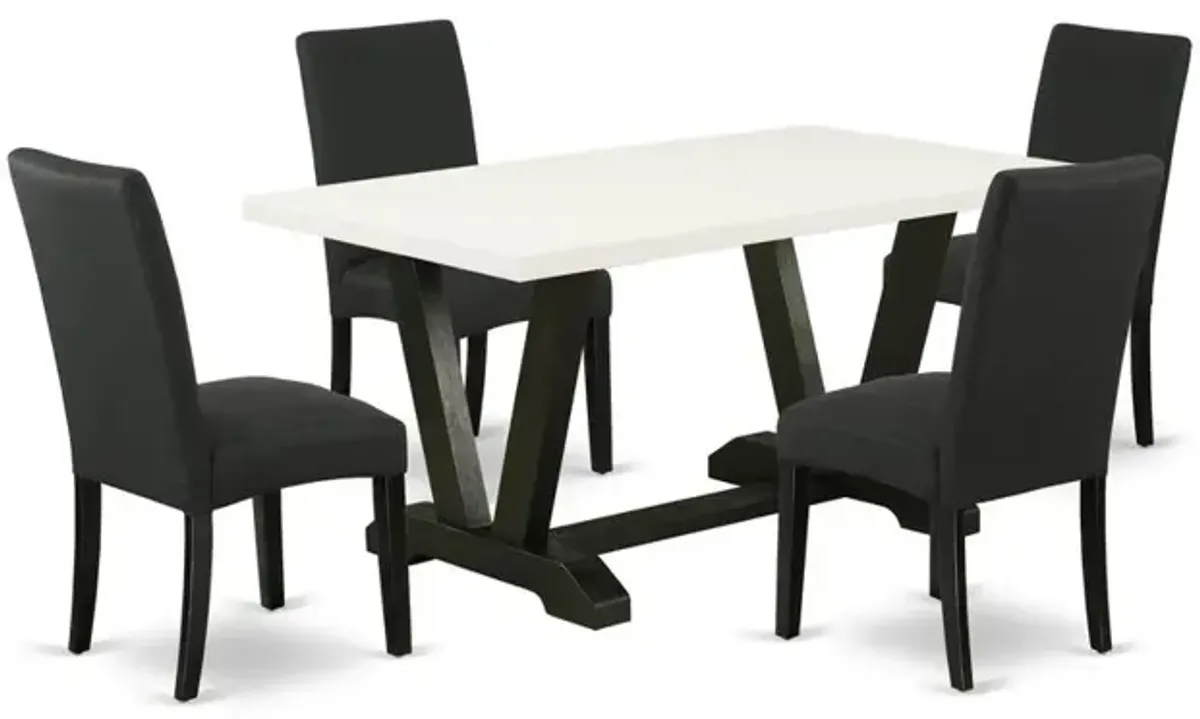 East West Furniture V626DR124-5 5-Pc Dining Table Set- 4 Upholstered Dining Chairs with Black Linen Fabric Seat and Stylish Chair Back - Rectangular Table Top & Wooden Legs - Linen White and Black Fin