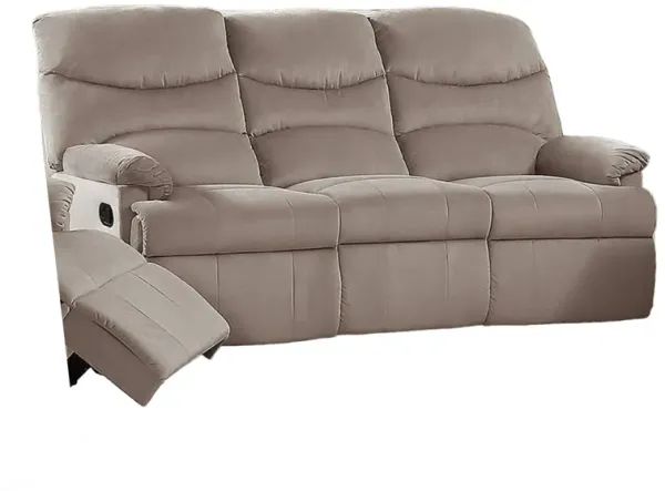 Karry Manual Recliner Sofa, Light Brown Velvet, 73 Inch Solid Wood - Benzara