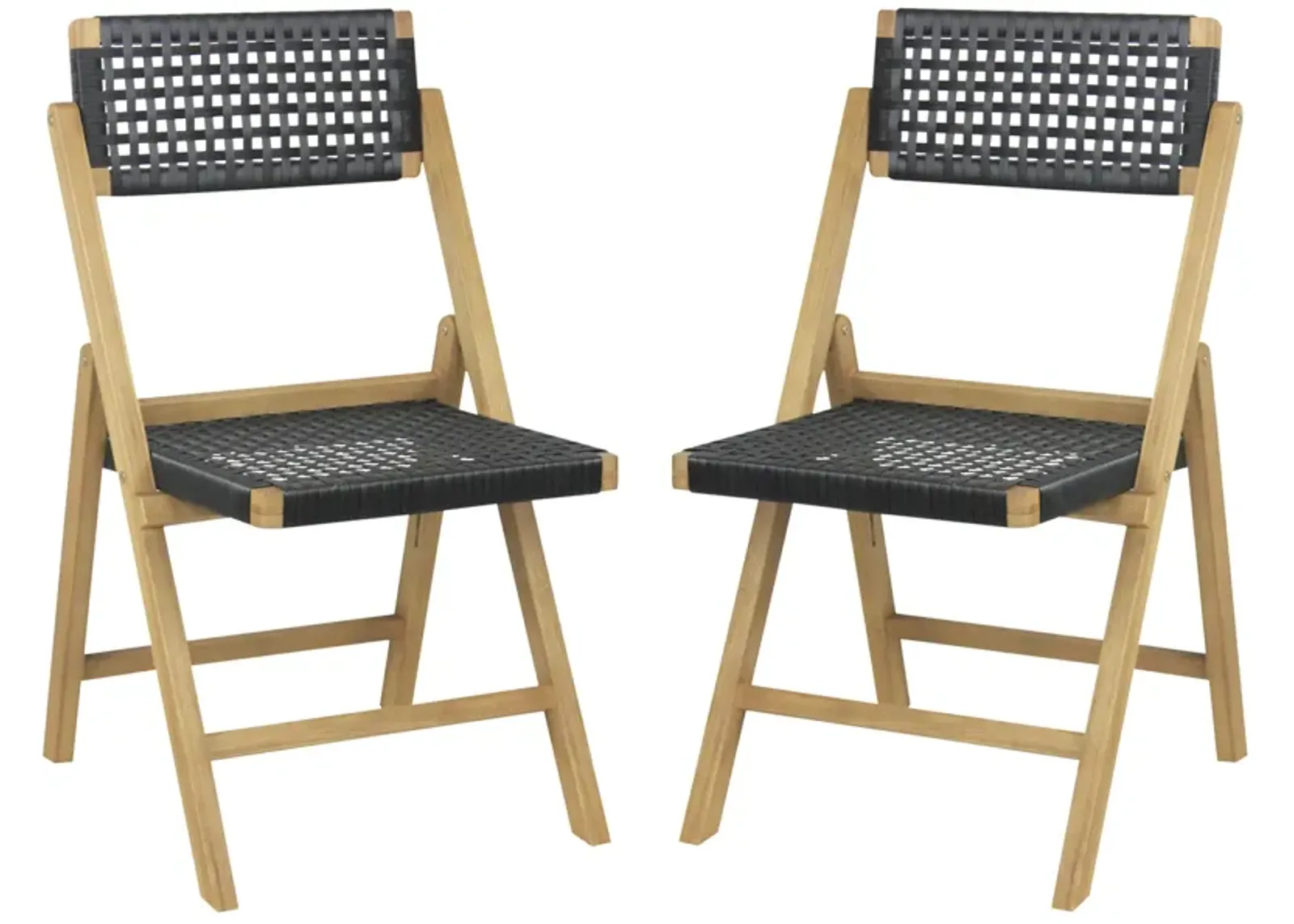 Set of 2 Folding Chairs Teak Wood Dining Chairs with Woven Rope Seat and Back