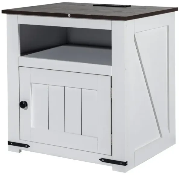 Farmhouse End Table with USB Ports Outlets and Storage Cabinet for Bedroom or Living Room