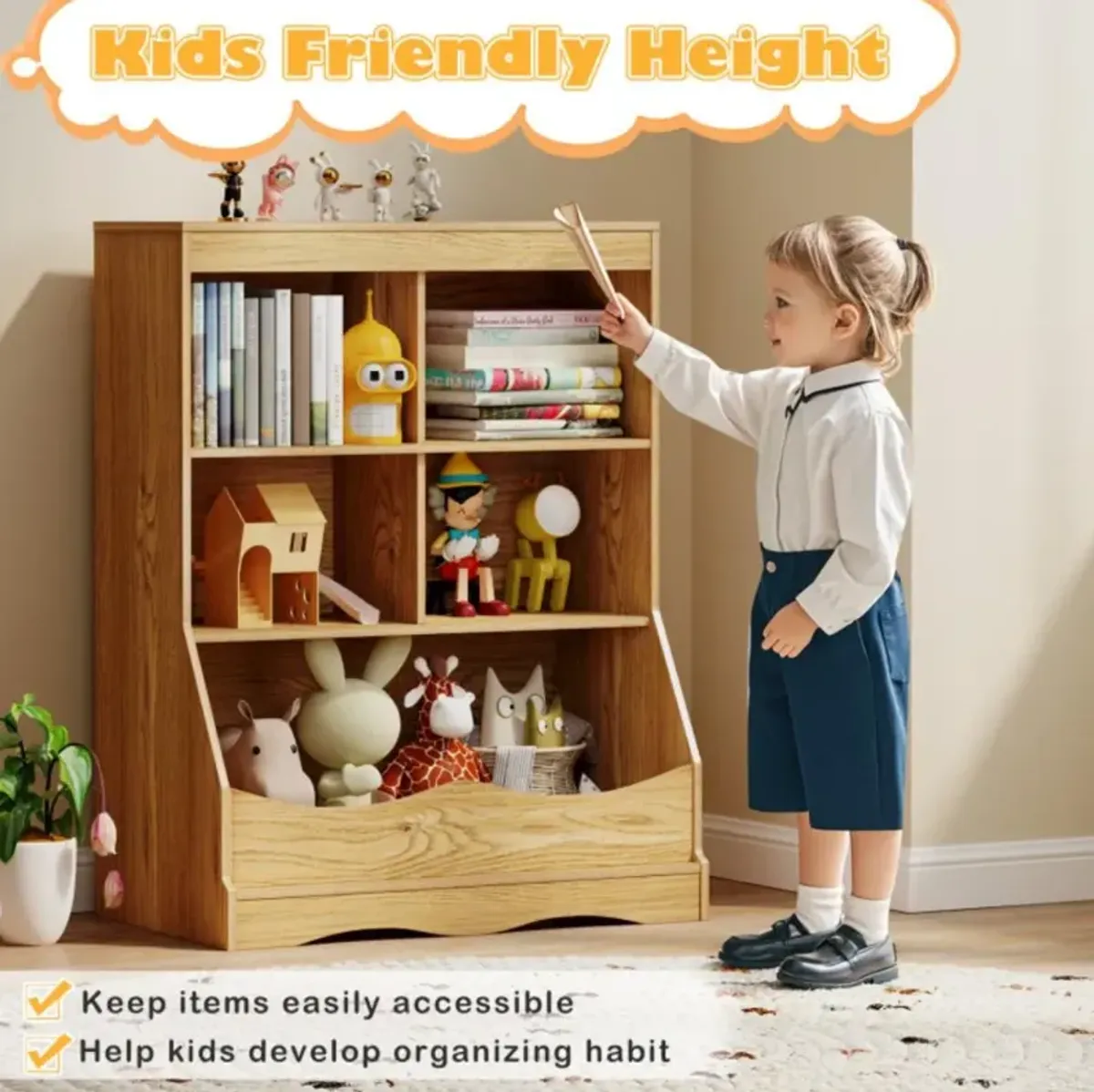 Hivvago 34.5" Kids Bookshelf  with 5 Bins for Playroom and Living Room