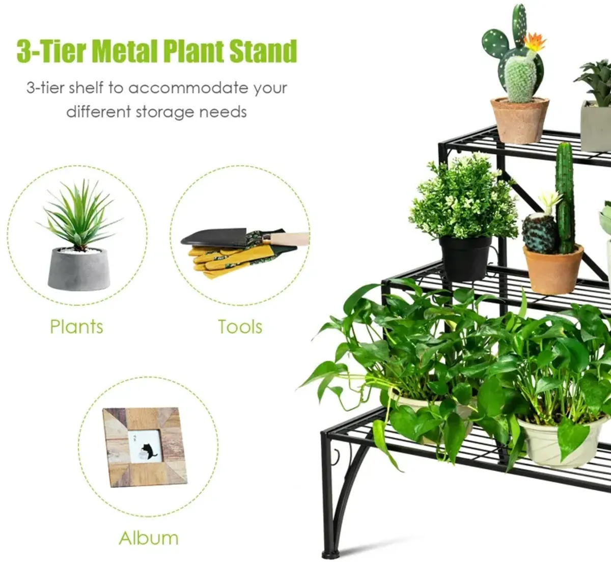 3-Tier Metal Plant Rack Garden Shelf in Stair Style