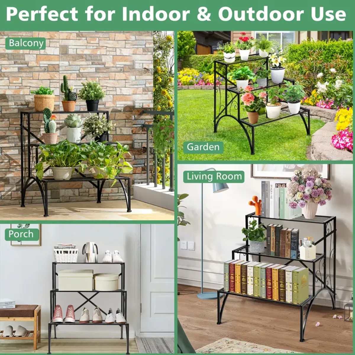 3-Tier Metal Plant Rack Garden Shelf in Stair Style