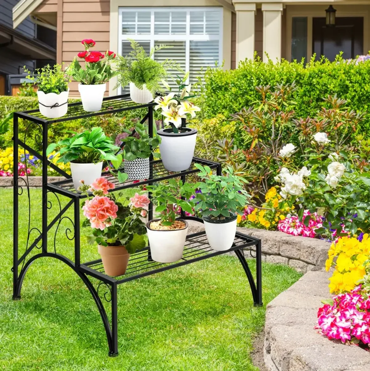 3-Tier Metal Plant Rack Garden Shelf in Stair Style