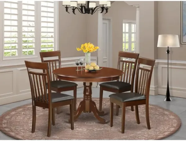 East West Furniture 5  Pc  set  with  a  Round  Table  and  4  Leather  Dinette  Chairs  in  Mahogany