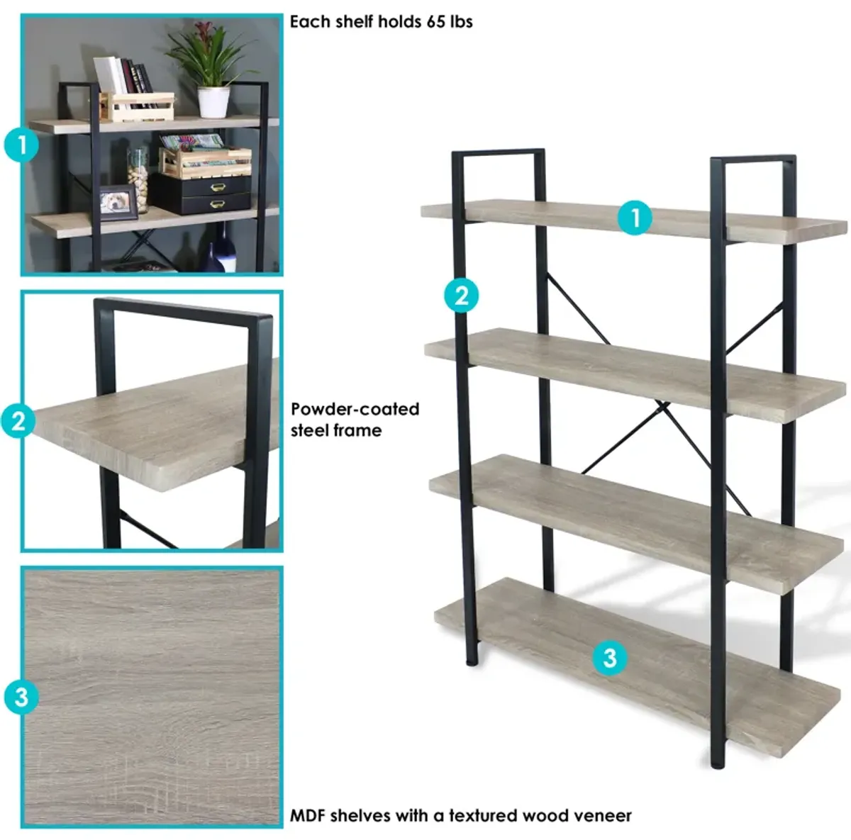 Sunnydaze 4-Tier Industrial Open-Shelf Bookshelf