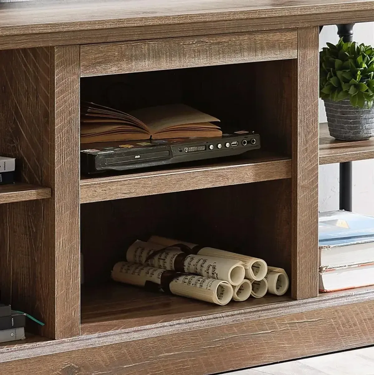 OS Home Model 6592 Contemporary Architecture Media Console in Rough Sawn Birch Finish.