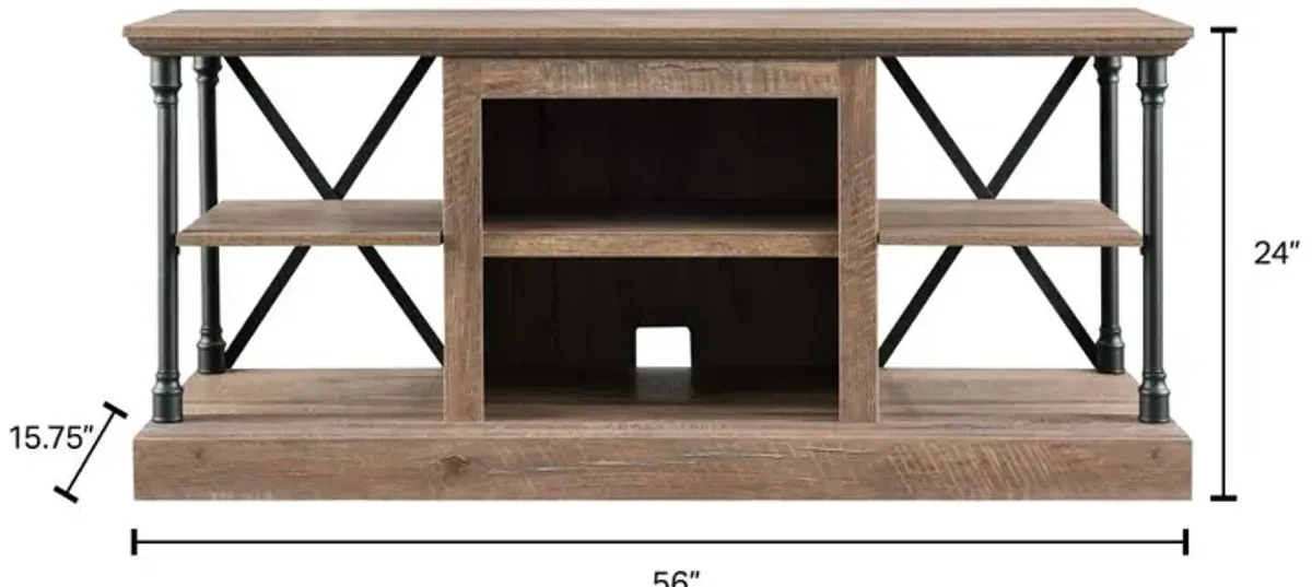 OS Home Model 6592 Contemporary Architecture Media Console in Rough Sawn Birch Finish.