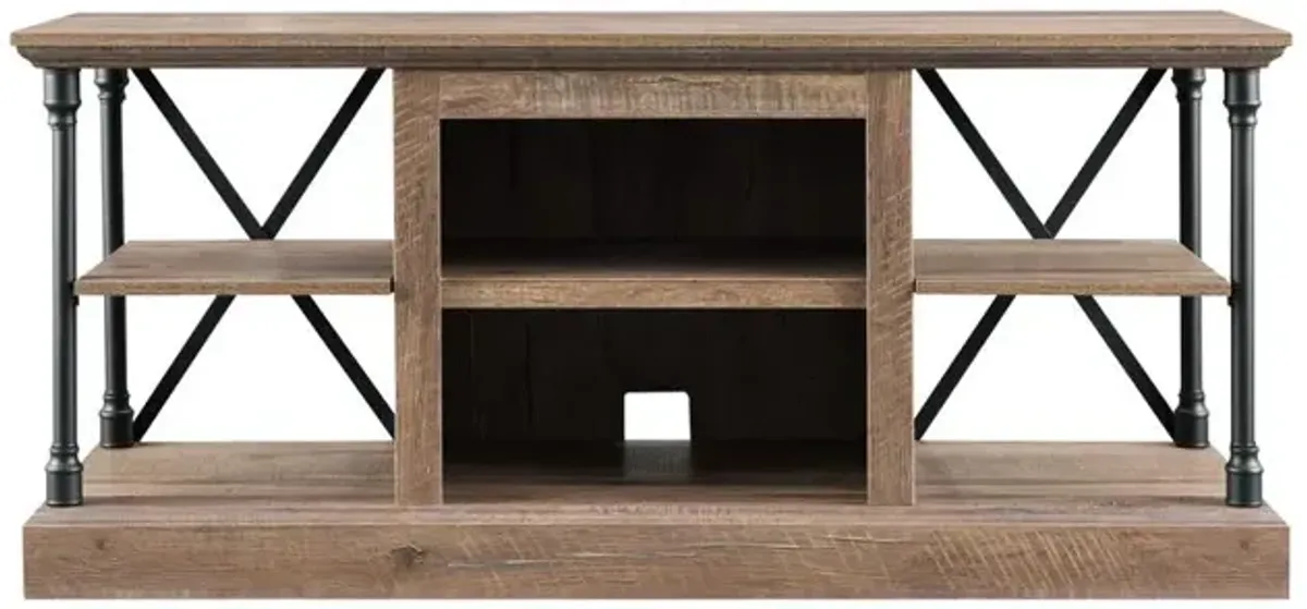 OS Home Model 6592 Contemporary Architecture Media Console in Rough Sawn Birch Finish.