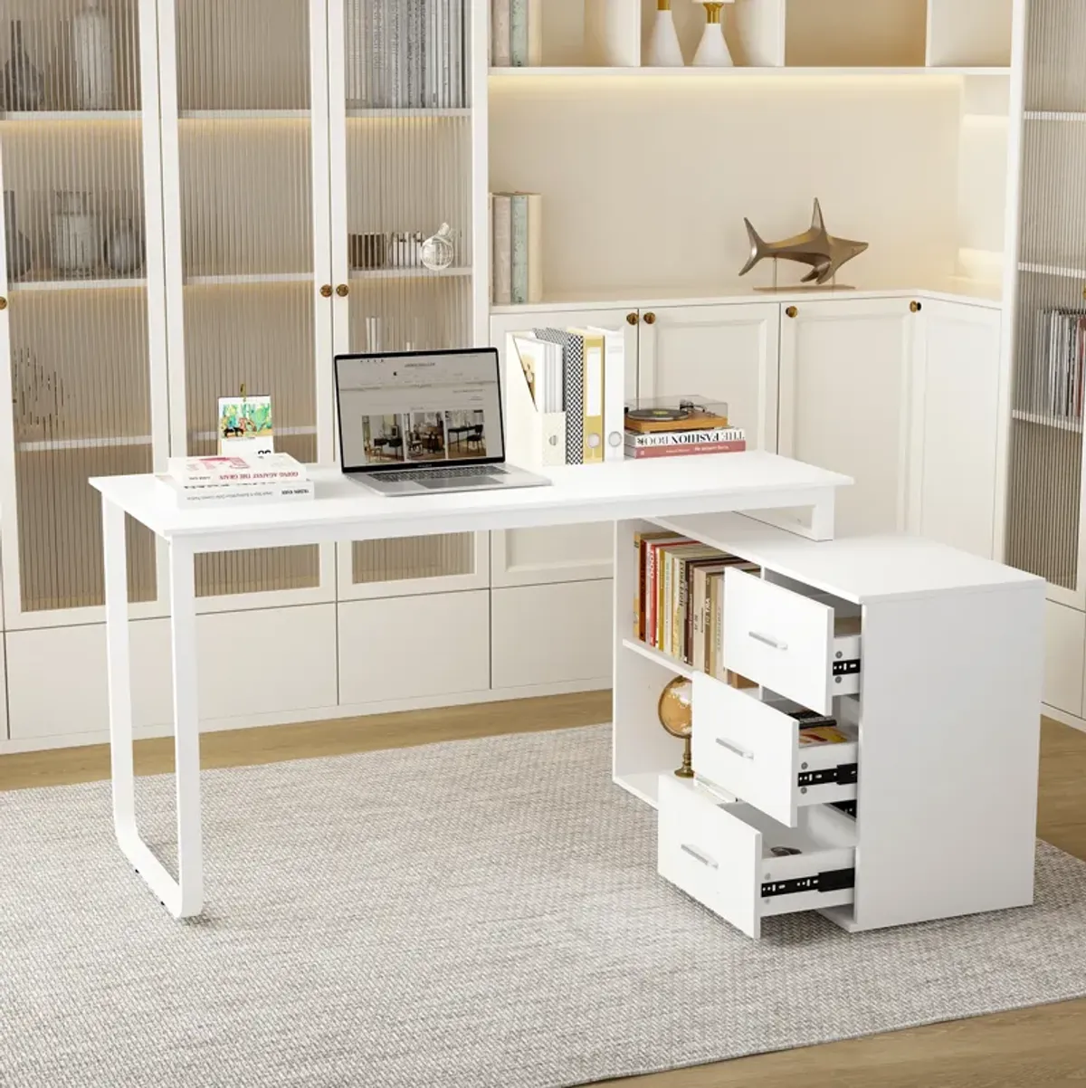 55.1” L-Shaped Desk with Drawers and Shelves, Office Desk Corner Desk with Storage, Computer Desk Craft Desk for Home Office Bedroom