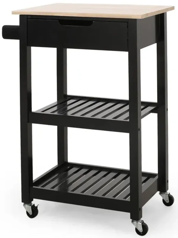 Dino Kitchen Bar Cart, Drawer,, 2 Open Shelves, 34 Inch Black Wood - Benzara