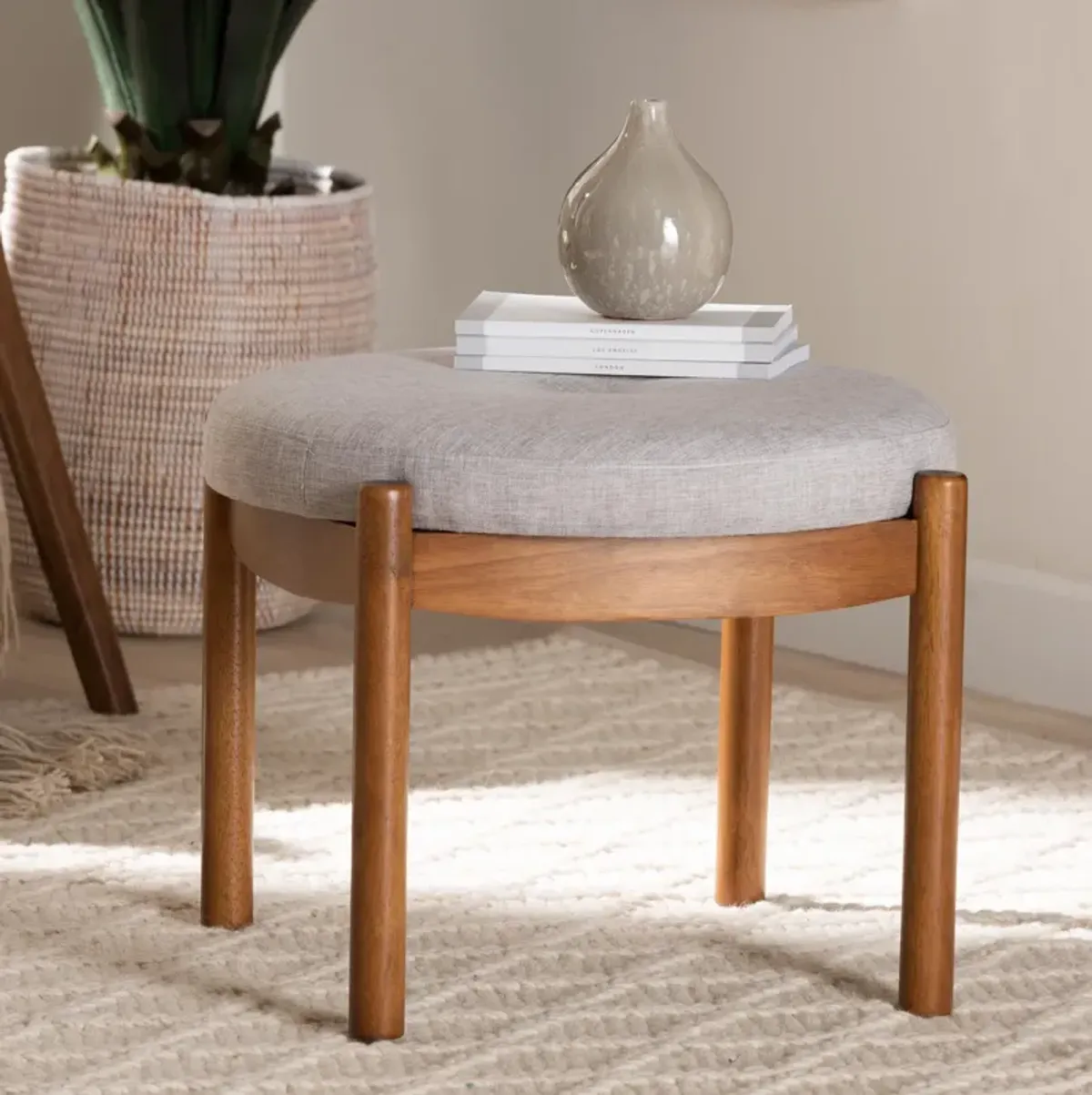 Baxton Studio Iliana Greyish Beige Fabric and Walnut Brown Finished Wood Ottoman Footstool