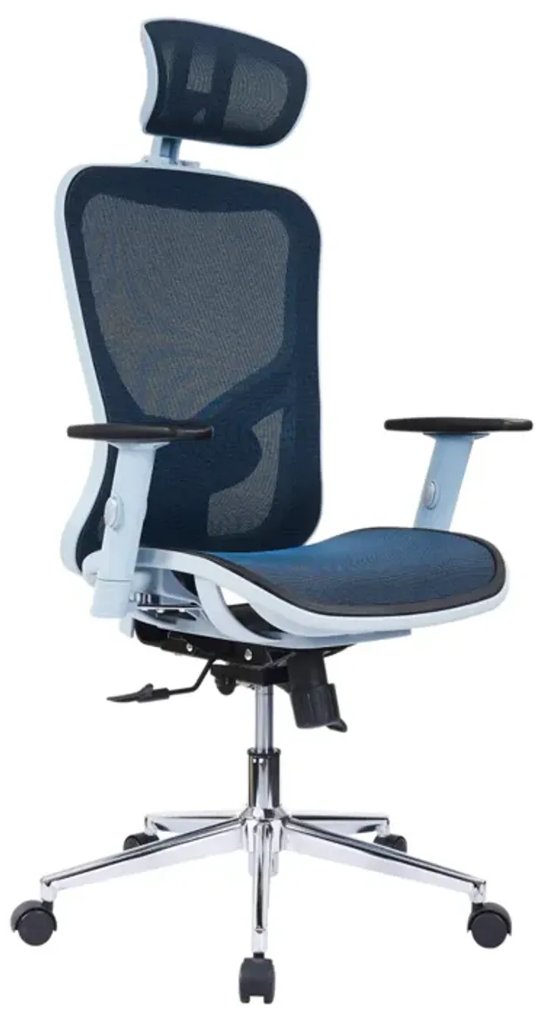 High Back Executive Mesh Office Chair With Arms, Headrest And Lumbar Support, Blue