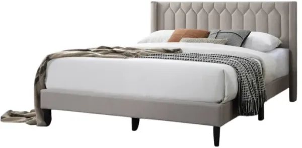 Jeo Queen Size Bed, Geometric Stitched Light Brown Burlap Upholstery - Benzara