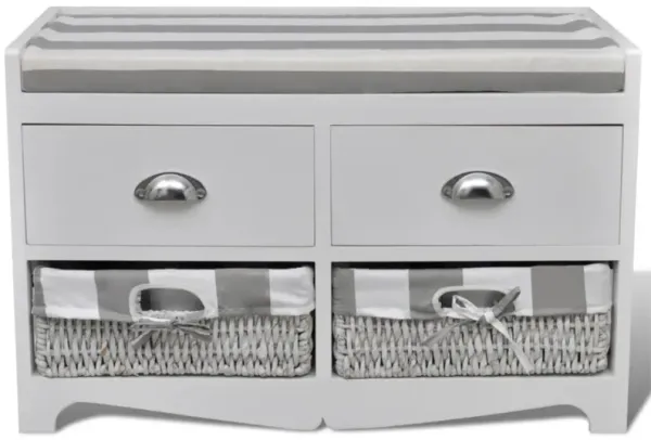 vidaXL White Storage & Entryway Bench with Cushion Top 2 Drawer 2 Basket